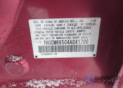 2004 Honda Accord 3.0 Ex z USA, uszkodzony, nr VIN 1HGCM66504A041706